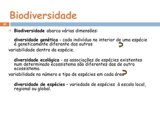Biodiversidade
 Biodiversidade abarca várias dimensões:
o diversidade genética - cada indivíduo no interior de uma espécie
é geneticamente diferente dos outros
variabilidade dentro da espécie.
o diversidade ecológica - as associações de espécies existentes
num determinado ecossistema são diferentes das de outro
ecossistema.
variabilidade no número e tipo de espécies em cada área
o diversidade de espécies – variedade de espécies à escala local,
regional ou global.
20
 