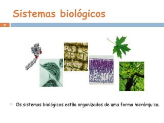 Sistemas biológicos
 Os sistemas biológicos estão organizados de uma forma hierárquica.
22
 
