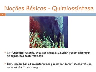 Noções Básicas - Quimiossíntese
4
 No fundo dos oceanos, onde não chega a luz solar, podem encontrar-
se populações muito variadas.
 Como não há luz, os produtores não podem ser seres fotossintéticos,
como as plantas ou as algas.
 