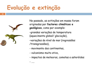 Evolução e extinção
No passado, as extinções em massa foram
originadas por factores climáticos e
geológicos, como por exemplo:
–grandes variações de temperatura
(aquecimento global/ glaciação),
–variações do nível do mar (regressões
/transgressões),
- movimento dos continentes,
- vulcanismo muito ativo,
- impactos de meteoros, cometas e asteróides
- …..
42
 