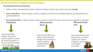 Biodiversidade
Biodiversidade e organização biológica
― Todos os seres vivos precisam de obter matéria e energia, processo que se dá o nome de nutrição.
― Seres autotróficos – obtêm energia e matéria inorgânica a partir do meio abiótico (podem ser fotossintéticos ou
quimiossintéticos).
― Seres heterotróficos – obtêm energia e matéria orgânica a partir de outros seres vivos, por ingestão ou absorção.
Funcionamento dos ecossistemas
Produtores
Seres autotróficos
capazes de produzir
matéria orgânica a partir
de matéria inorgânica e
de uma fonte de energia
como a luz solar.
Macroconsumi
dores
Seres heterotróficos que
utilizam como fonte de
energia e de nutrientes a
matéria orgânica
sintetizada pelos
produtores
Microconsumid
ores
Seres heterotróficos que
transformam a matéria
orgânica em matéria
inorgânica, permitindo
a reciclagem
da matéria.
 