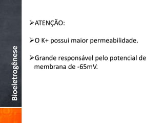 Bioeletrogênese
ATENÇÃO:
O K+ possui maior permeabilidade.
Grande responsável pelo potencial de
membrana de -65mV.
 