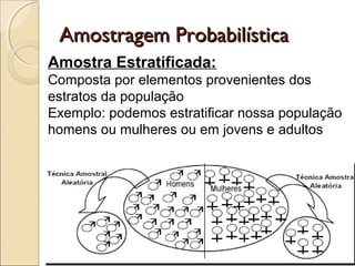 Amostragem Probabilística
Amostragem Probabilística
Amostra Estratificada:
Composta por elementos provenientes dos
estratos da população
Exemplo: podemos estratificar nossa população
homens ou mulheres ou em jovens e adultos
 