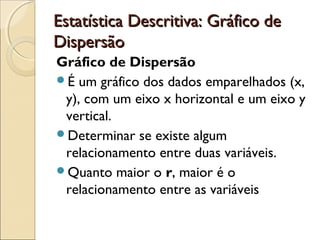Estatística Descritiva: Gráfico de
Estatística Descritiva: Gráfico de
Dispersão
Dispersão
Gráfico de Dispersão
É um gráfico dos dados emparelhados (x,
y), com um eixo x horizontal e um eixo y
vertical.
Determinar se existe algum
relacionamento entre duas variáveis.
Quanto maior o r, maior é o
relacionamento entre as variáveis
 