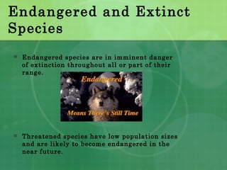Endangered and Extinct
Species
 Endangered species are in imminent danger
of extinction throughout all or part of their
range.
 Threatened species have low population sizes
and are likely to become endangered in the
near future.
 