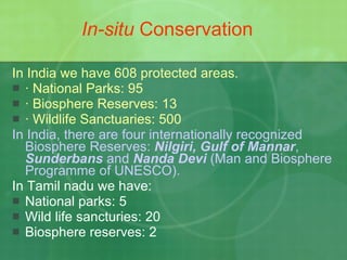 In-situ  Conservation In India we have 608 protected areas.  · National Parks: 95 · Biosphere Reserves: 13 · Wildlife Sanctuaries: 500 In India, there are four internationally recognized Biosphere Reserves:  Nilgiri,   Gulf of Mannar ,  Sunderbans  and  Nanda Devi  (Man and Biosphere Programme of UNESCO). In Tamil nadu we have: National parks: 5 Wild life sancturies: 20 Biosphere reserves: 2 