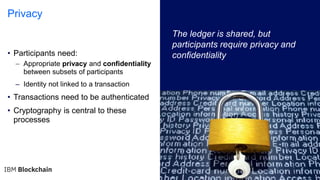13
Privacy
• Participants need:
– Appropriate privacy and confidentiality
between subsets of participants
– Identity not linked to a transaction
• Transactions need to be authenticated
• Cryptography is central to these
processes
The ledger is shared, but
participants require privacy and
confidentiality
 