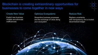16
Blockchain is creating extraordinary opportunities for
businesses to come together in new ways
Optimize Ecosystems
Streamline business processes
and the exchange of value along
your ecosystem
Reduce Risk
Replace uncertainty
with transparency and a trusted
decentralized ledger
Create New Value
Exploit new business
models and eliminate
inefficiencies
 
