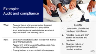 19
Benefits
1. Lowers cost of audit and
regulatory compliance
2. Provides “seek and find”
access to auditors and
regulators
3. Changes nature of
compliance from
passive to active
What • Financial data in a large organization dispersed
throughout many divisions and geographies
• Audit and Compliance needs indelible record of all
key transactions over reporting period
How • Blockchain collects transaction records from diverse
set of financial systems
• Append-only and tamperproof qualities create high
confidence financial audit trail
• Privacy features to ensure authorized user access
Example:
Audit and compliance
 