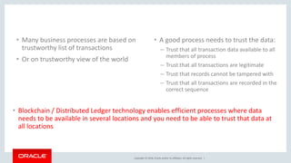 Copyright © 2018, Oracle and/or its affiliates. All rights reserved. |
• Many business processes are based on
trustworthy list of transactions
• Or on trustworthy view of the world
• A good process needs to trust the data:
– Trust that all transaction data available to all
members of process
– Trust that all transactions are legitimate
– Trust that records cannot be tampered with
– Trust that all transactions are recorded in the
correct sequence
• Blockchain / Distributed Ledger technology enables efficient processes where data
needs to be available in several locations and you need to be able to trust that data at
all locations
 