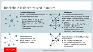 Copyright © 2017, Oracle and/or its affiliates. All rights reserved. |
Blockchain is decentralized in nature
Traditional Database
When the central
organization fails, the
whole network can be
become inaccessible
Blockchain
All data is connected and controlled by
a centralized organization.
• Limited access by one or more
person to same set of data
• Bottlenecks can occur with high
traffic
• Highly dependent of network
connectivity
Data is directly shared across
boundaries of trust, without requiring
a centralized intermediary or complex
data transfer and reconciliation
processes
• Datastore can be directly shared by
multiple organizations
• Every node in a blockchain
independently verifies and
processes every transaction
Replicated data controlled by multiple
organizations
• No single point of failure
• No single point of control (no
single SYSDBA) or potential for
compromise
 
