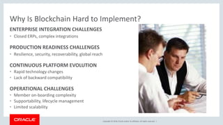 Copyright © 2018, Oracle and/or its affiliates. All rights reserved. |
Why Is Blockchain Hard to Implement?
ENTERPRISE INTEGRATION CHALLENGES
• Closed ERPs, complex integrations
PRODUCTION READINESS CHALLENGES
• Resilience, security, recoverability, global reach
CONTINUOUS PLATFORM EVOLUTION
• Rapid technology changes
• Lack of backward compatibility
OPERATIONAL CHALLENGES
• Member on-boarding complexity
• Supportability, lifecycle management
• Limited scalability
 