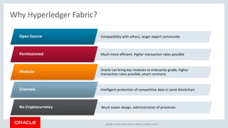 Copyright © 2018, Oracle and/or its affiliates. All rights reserved. |
Compatibility with others, larger expert community
Oracle can bring key modules to enterprise grade, higher
transaction rates possible, smart contracts
Intelligent protection of competitive data in same blockchain
Much easier design, administration of processes
Much more efficient, higher transaction rates possible
Why Hyperledger Fabric?
Open Source
Permissioned
Modular
Channels
No Cryptocurrency
 