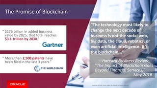 Copyright © 2018, Oracle and/or its affiliates. All rights reserved. 9
The Promise of Blockchain
"The technology most likely to
change the next decade of
business is not the social web,
big data, the cloud, robotics, or
even artificial intelligence. It’s
the blockchain...“
—Harvard Business Review
"The Impact of Blockchain Goes
Beyond Financial Services,"
May 2016
 