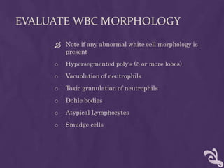 EVALUATE WBC MORPHOLOGY
 Note if any abnormal white cell morphology is
present
o Hypersegmented poly's (5 or more lobes)
o Vacuolation of neutrophils
o Toxic granulation of neutrophils
o Dohle bodies
o Atypical Lymphocytes
o Smudge cells
 