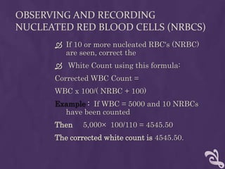 OBSERVING AND RECORDING
NUCLEATED RED BLOOD CELLS (NRBCS)
 If 10 or more nucleated RBC's (NRBC)
are seen, correct the
 White Count using this formula:
Corrected WBC Count =
WBC x 100/( NRBC + 100)
Example : If WBC = 5000 and 10 NRBCs
have been counted
Then 5,000× 100/110 = 4545.50
The corrected white count is 4545.50.
 
