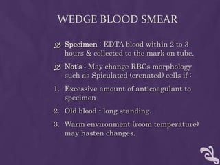WEDGE BLOOD SMEAR
 Specimen : EDTA blood within 2 to 3
hours & collected to the mark on tube.
 Not's : May change RBCs morphology
such as Spiculated (crenated) cells if :
1. Excessive amount of anticoagulant to
specimen
2. Old blood - long standing.
3. Warm environment (room temperature)
may hasten changes.
 