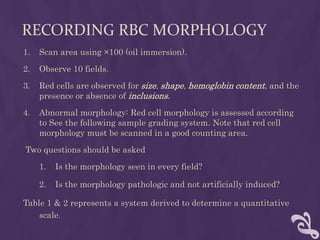 RECORDING RBC MORPHOLOGY
1. Scan area using ×100 (oil immersion).
2. Observe 10 fields.
3. Red cells are observed for size, shape, hemoglobin content, and the
presence or absence of inclusions.
4. Abnormal morphology: Red cell morphology is assessed according
to See the following sample grading system. Note that red cell
morphology must be scanned in a good counting area.
Two questions should be asked
1. Is the morphology seen in every field?
2. Is the morphology pathologic and not artificially induced?
Table 1 & 2 represents a system derived to determine a quantitative
scale.
 