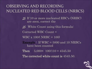 OBSERVING AND RECORDING
NUCLEATED RED BLOOD CELLS (NRBCS)
 If 10 or more nucleated RBC's (NRBC)
are seen, correct the
 White Count using this formula:
Corrected WBC Count =
WBC x 100/( NRBC + 100)
Example : If WBC = 5000 and 10 NRBCs
have been counted
Then 5,000× 100/110 = 4545.50
The corrected white count is 4545.50.
 