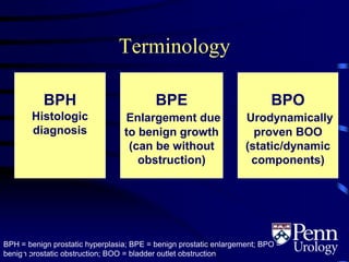 Terminology
BPH
Histologic
diagnosis
BPE
Enlargement due
to benign growth
(can be without
obstruction)
BPO
Urodynamically
proven BOO
(static/dynamic
components)
BPH = benign prostatic hyperplasia; BPE = benign prostatic enlargement; BPO =
benign prostatic obstruction; BOO = bladder outlet obstruction1.2
 
