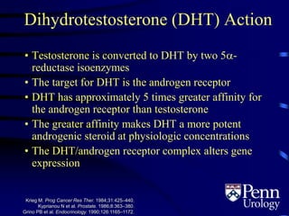 Krieg M. Prog Cancer Res Ther. 1984;31:425–440.
Kyprianou N et al. Prostate. 1986;8:363–380.
Grino PB et al. Endocrinology. 1990;126:1165–1172.
Dihydrotestosterone (DHT) Action
• Testosterone is converted to DHT by two 5-
reductase isoenzymes
• The target for DHT is the androgen receptor
• DHT has approximately 5 times greater affinity for
the androgen receptor than testosterone
• The greater affinity makes DHT a more potent
androgenic steroid at physiologic concentrations
• The DHT/androgen receptor complex alters gene
expression
 