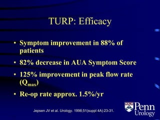 TURP: Efficacy
• Symptom improvement in 88% of
patients
• 82% decrease in AUA Symptom Score
• 125% improvement in peak flow rate
(Qmax)
• Re-op rate approx. 1.5%/yr
Jepsen JV et al. Urology. 1998;51(suppl 4A):23-31.
7.22
 