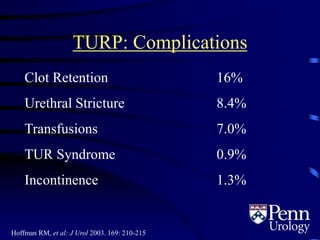 TURP: Complications
Clot Retention 16%
Urethral Stricture 8.4%
Transfusions 7.0%
TUR Syndrome 0.9%
Incontinence 1.3%
Hoffman RM, et al: J Urol 2003. 169: 210-215
 
