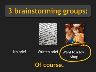 3 brainstorming groups:
No brief Written brief Went to a toy
shop
Of course.
 