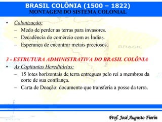 Colonização: Medo de perder as terras para invasores. Decadência do comércio com as Índias. Esperança de encontrar metais preciosos. 3 - ESTRUTURA ADMINISTRATIVA DO BRASIL COLÔNIA As Capitanias Hereditárias: 15 lotes horizontais de terra entregues pelo rei a membros da corte de sua confiança. Carta de Doação: documento que transferia a posse da terra. 