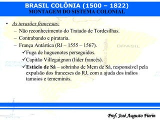 As invasões francesas: Não reconhecimento do Tratado de Tordesilhas. Contrabando e pirataria. França Antártica (RJ – 1555 – 1567). Fuga de huguenotes perseguidos. Capitão Villegaignon (líder francês). Estácio de Sá  – sobrinho de Mem de Sá, responsável pela expulsão dos franceses do RJ, com a ajuda dos índios tamoios e tememinós. 