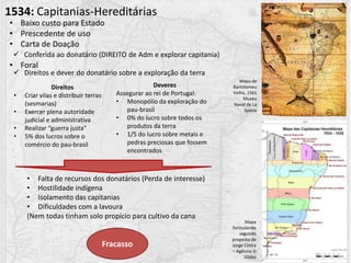 1534: Capitanias-Hereditárias
• Baixo custo para Estado
• Prescedente de uso
• Carta de Doação
• Foral
Fracasso
• Falta de recursos dos donatários (Perda de interesse)
• Hostilidade indígena
• Isolamento das capitanias
• Dificuldades com a lavoura
(Nem todas tinham solo propício para cultivo da cana
 Conferida ao donatário (DIREITO de Adm e explorar capitania)
 Direitos e dever do donatário sobre a exploração da terra
Deveres
Assegurar ao rei de Portugal:
• Monopólio da exploração do
pau-brasil
• 0% do lucro sobre todos os
produtos da terra
• 1/5 do lucro sobre metais e
pedras preciosas que fossem
encontrados
Direitos
• Criar vilas e distribuir terras
(sesmarias)
• Exercer plena autoridade
judicial e administrativa
• Realizar “guerra justa”
• 5% dos lucros sobre o
comércio do pau-brasil
Mapa de
Bartolomeu
Velho, 1561
Muzeu
Naval de La
Spezia
Mapa
formulando
segundo
proposta de
Jorge Cintra
– Agência O
Globo
 