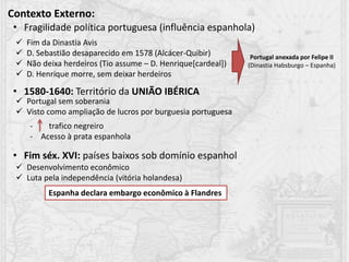 • Fragilidade política portuguesa (influência espanhola)
• 1580-1640: Território da UNIÃO IBÉRICA
• Fim séx. XVI: países baixos sob domínio espanhol
 Fim da Dinastia Avis
 D. Sebastião desaparecido em 1578 (Alcácer-Quibir)
 Não deixa herdeiros (Tio assume – D. Henrique[cardeal])
 D. Henrique morre, sem deixar herdeiros
Portugal anexada por Felipe II
(Dinastia Habsburgo – Espanha)
 Portugal sem soberania
 Visto como ampliação de lucros por burguesia portuguesa
- trafico negreiro
- Acesso à prata espanhola
 Desenvolvimento econômico
 Luta pela independência (vitória holandesa)
Espanha declara embargo econômico à Flandres
Contexto Externo:
 