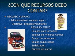 ¿CON QUE RECURSOS DEBO CONTAR? RECURSO HUMANO:  - Administrativo:( copaso- vigía ) - Operativo: Brigadas/voluntarios RECURSO FISICO: Equipos para incendios Equipos de Primeros Auxilios Equipo de salvamento Equipo según riesgo Señalización Sistema de alarma 