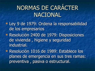 NORMAS DE CARÁCTER NACIONAL Ley 9 de 1979: Ordena la responsabilidad de los empresarios  Resolución 2400 de 1979: Disposiciones de vivienda , higiene y seguridad industrial.  Resolución 1016 de 1989: Establece los planes de emergencia en sus tres ramas: preventiva , pasiva o estructural. 