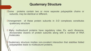 Quaternary Structure
🠶Some proteins contain two or more separate polypeptide chains or
subunits, may be identical or different.
🠶 Arrangement of these protein subunits in 3-D complexes constitutes
quaternary structure
🠶 Many multisubunit proteins have regulatory roles. Ex. each ribosome,
incorporates dozens of protein subunits along with a number of RNA
molecules
🠶 Quaternary structure implies non-covalent interaction that stabilise folded
polypeptides leads to multisubunit proteins.
 