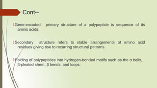 Cont--
🠶Gene-encoded primary structure of a polypeptide is sequence of its
amino acids.
🠶Secondary structure refers to stable arrangements of amino acid
residues giving rise to recurring structural patterns.
🠶 Folding of polypeptides into hydrogen-bonded motifs such as the α helix,
β-pleated sheet, β bends, and loops.
 