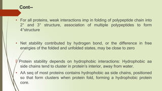 Cont--
• For all proteins, weak interactions imp in folding of polypeptide chain into
2° and 3° structure, association of multiple polypeptides to form
4°structure
• Net stability contributed by hydrogen bond, or the difference in free
energies of the folded and unfolded states, may be close to zero
🠶 Protein stability depends on hydrophobic interactions: Hydrophobic aa
side chains tend to cluster in protein’s interior, away from water.
• AA seq of most proteins contains hydrophobic aa side chains, positioned
so that form clusters when protein fold, forming a hydrophobic protein
core.
 