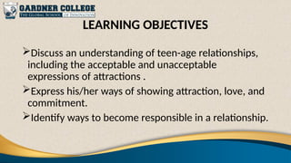 LEARNING OBJECTIVES
Discuss an understanding of teen-age relationships,
including the acceptable and unacceptable
expressions of attractions .
Express his/her ways of showing attraction, love, and
commitment.
Identify ways to become responsible in a relationship.
 