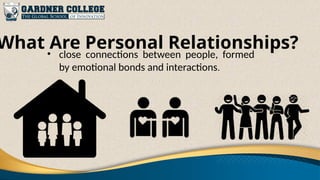 What Are Personal Relationships?
• close connections between people, formed
by emotional bonds and interactions.
 