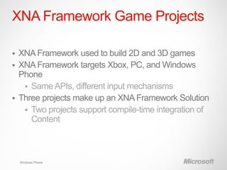 XNA Framework Game Projects

 XNA Framework used to build 2D and 3D games
 XNA Framework targets Xbox, PC, and Windows
  Phone
    Same APIs, different input mechanisms
 Three projects make up an XNA Framework Solution
    Two projects support compile-time integration of
     Content



    Windows Phone
 