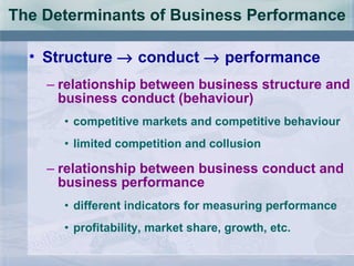 Structure    conduct    performance relationship between business structure and business conduct (behaviour) competitive markets and competitive behaviour limited competition and collusion relationship between business conduct and business performance different indicators for measuring performance profitability, market share, growth, etc. The Determinants of Business Performance 
