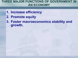 THREE MAJOR FUNCTIONS OF GOVERNMENT IN AN ECONOMY Increase efficiency Promote equity Foster macroeconomics stability and growth. 