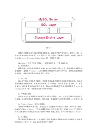 图 2-1

  虽然从上图看起来 MySQL 架构非常的简单，就是简单的两部分而已，但实际上每一层
中都含有各自的很多小模块，尤其是第一层 SQL Layer，结构相当复杂的。        下面我们就分别
针对 SQL Layer 和 Storage Engine Layer 做一个简单的分析。

  SQL Layer 中包含了多个子模块，下面我将逐个做一下简单的介绍：
  1、初始化模块
  顾名思议，初始化模块就是在 MySQL Server 启动的时候，对整个系统做各种各样的初
始化操作，比如各种 buffer，cache 结构的初始化和内存空间的申请，各种系统变量的初
始化设定，各种存储引擎的初始化设置，等等。

    2、核心 API
    核心 API 模块主要是为了提供一些需要非常高效的底层操作功能的优化实现，包括各
种底层数据结构的实现，特殊算法的实现，字符串处理，数字处理等，小文件 I/O，格式
化输出，以及最重要的内存管理部分。核心 API 模块的所有源代码都集中在 mysys 和
strings 文件夹下面，有兴趣的读者可以研究研究。

  3、网络交互模块
  底层网络交互模块抽象出底层网络交互所使用的接口 api，实现底层网络数据的接收
与发送，以方便其他各个模块调用，以及对这一部分的维护。 所有源码都在 vio 文件夹下面。

    4、Client & Server 交互协议模块
    任何 C/S 结构的软件系统，都肯定会有自己独有的信息交互协议，MySQL 也不例外 。
MySQL 的 Client & Server 交互协议模块部分，实现了客户端与 MySQL 交互过程中的所有
协议。  当然这些协议都是建立在现有的 OS 和网络协议之上的，如 TCP/IP 以及 Unix Socket。

    5、用户模块
    用户模块所实现的功能，主要包括用户的登录连接权限控制和用户的授权管理。他就像
MySQL 的大门守卫一样，决定是否给来访者“开门”。
 