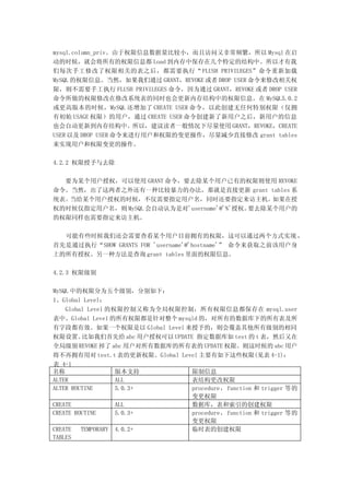 mysql.column_priv。由于权限信息数据量比较小，而且访问又非常频繁，所以 Mysql 在启
动的时候，就会将所有的权限信息都 Load 到内存中保存在几个特定的结构中。所以才有我
们每次手工修改了权限相关的表之后，都需要执行“ FLUSH PRIVILEGES”命令重新加载
MySQL 的权限信息。当然，如果我们通过 GRANT，REVOKE 或者 DROP USER 命令来修改相关权
限，则不需要手工执行 FLUSH PRIVILEGES 命令，因为通过 GRANT，REVOKE 或者 DROP USER
命令所做的权限修改在修改系统表的同时也会更新内存结构中的权限信息。在 MySQL5.0.2
或更高版本的时候，MySQL 还增加了 CREATE USER 命令，以此创建无任何特别权限（仅拥
有初始 USAGE 权限）的用户，通过 CREATE USER 命令创建新了新用户之后，新用户的信息
也会自动更新到内存结构中。所以，建议读者一般情况下尽量使用 GRANT，REVOKE，CREATE
USER 以及 DROP USER 命令来进行用户和权限的变更操作，尽量减少直接修改 grant tables
来实现用户和权限变更的操作。

4.2.2 权限授予与去除

  要为某个用户授权，可以使用 GRANT 命令，要去除某个用户已有的权限则使用 REVOKE
命令。当然，出了这两者之外还有一种比较暴力的办法，那就是直接更新 grant tables 系
统表。当给某个用户授权的时候，不仅需要指定用户名，同时还要指定来访主机。           如果在授
权的时候仅指定用户名，则 MySQL 会自动认为是对'username'@'%'授权。要去除某个用户的
的权限同样也需要指定来访主机。

  可能有些时候我们还会需要查看某个用户目前拥有的权限，这可以通过两个方式实现 ，
首先是通过执行“SHOW GRANTS FOR 'username'@'hostname'” 命令来获取之前该用户身
上的所有授权。另一种方法是查询 grant tables 里面的权限信息。

4.2.3 权限级别

MySQL 中的权限分为五个级别，分别如下：
1、Global Level：
    Global Level 的权限控制又称为全局权限控制，所有权限信息都保存在 mysql.user
表中。Global Level 的所有权限都是针对整个 mysqld 的，对所有的数据库下的所有表及所
有字段都有效。如果一个权限是以 Global Level 来授予的，则会覆盖其他所有级别的相同
权限设置。    比如我们首先给 abc 用户授权可以 UPDATE 指定数据库如 test 的 t 表，然后又在
全局级别 REVOKE 掉了 abc 用户对所有数据库的所有表的 UPDATE 权限。则这时候的 abc 用户
将不再拥有用对 test.t 表的更新权限。Global Level 主要有如下这些权限(见表 4-1)：
表 4-1
名称                 版本支持          限制信息
ALTER              ALL           表结构更改权限
ALTER ROUTINE      5.0.3+        procedure，function 和 trigger 等的
                                 变更权限
CREATE             ALL           数据库，表和索引的创建权限
CREATE ROUTINE     5.0.3+        procedure，function 和 trigger 等的
                                 变更权限
CREATE   TEMPORARY 4.0.2+        临时表的创建权限
TABLES
 