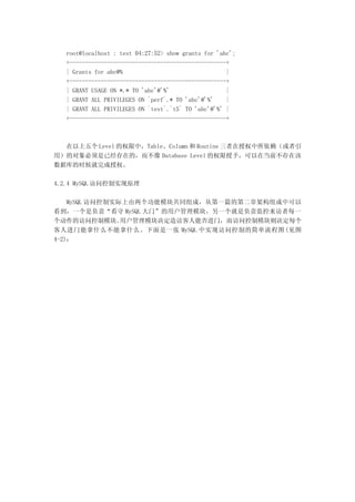 root@localhost : test 04:27:52> show grants for 'abc';
  +--------------------------------------------------+
  | Grants for abc@%                                 |
  +--------------------------------------------------+
  | GRANT USAGE ON *.* TO 'abc'@'%'                  |
  | GRANT ALL PRIVILEGES ON `perf`.* TO 'abc'@'%'    |
  | GRANT ALL PRIVILEGES ON `test`.`t5` TO 'abc'@'%' |
  +--------------------------------------------------+



  在以上五个 Level 的权限中，Table、Column 和 Routine 三者在授权中所依赖（或者引
用）的对象必须是已经存在的，而不像 Database Level 的权限授予，可以在当前不存在该
数据库的时候就完成授权。

4.2.4 MySQL 访问控制实现原理

    MySQL 访问控制实际上由两个功能模块共同组成，从第一篇的第二章架构组成中可以
看到，一个是负责“看守 MySQL 大门”的用户管理模块，另一个就是负责监控来访者每一
个动作的访问控制模块。     用户管理模块决定造访客人能否进门，而访问控制模块则决定每个
客人进门能拿什么不能拿什么。下面是一张 MySQL 中实现访问控制的简单流程图 (见图
4-2)：
 