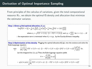 Derivation of Optimal Importance Sampling
From principles of the calculus of variations, given the total computational
resource NT , we obtain the optimal IS density and allocation that minimize
the estimator variance.
14
 