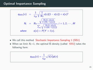 Optimal Importance Sampling
qSIS1(x) =
1
cq1
1
NT
s(x)(1 − s(x)) + s(x)2
Ni = NT
NT (1−s(xi ))
1+(NT −1s (xi ))
j
NT (1−s(xj ))
1+(NT −1s (xj ))
, i = 1, 2, · · · , M
where s(x) = P(Y > l|x).
• We call this method Stochastic Importance Sampling 1 (SIS1)
• When we limit Ni =1, the optimal IS density (called SIS2) takes the
following form:
qSIS2(x) =
1
cq2
s(x)p(x)
15
 
