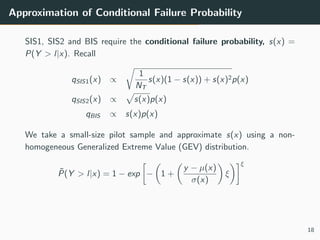 Approximation of Conditional Failure Probability
SIS1, SIS2 and BIS require the conditional failure probability, s(x) =
P(Y > l|x). Recall
qSIS1(x) ∝
1
NT
s(x)(1 − s(x)) + s(x)2p(x)
qSIS2(x) ∝ s(x)p(x)
qBIS ∝ s(x)p(x)
We take a small-size pilot sample and approximate s(x) using a non-
homogeneous Generalized Extreme Value (GEV) distribution.
˜P(Y > l|x) = 1 − exp − 1 +
y − µ(x)
σ(x)
ξ
ξ
18
 