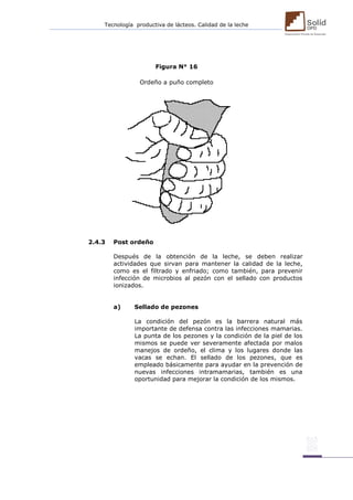 Tecnología productiva de lácteos. Calidad de la leche 
Figura N° 16 
Ordeño a puño completo 
2.4.3 Post ordeño 
Después de la obtención de la leche, se deben realizar actividades que sirvan para mantener la calidad de la leche, como es el filtrado y enfriado; como también, para prevenir infección de microbios al pezón con el sellado con productos ionizados. 
a) Sellado de pezones 
La condición del pezón es la barrera natural más importante de defensa contra las infecciones mamarias. La punta de los pezones y la condición de la piel de los mismos se puede ver severamente afectada por malos manejos de ordeño, el clima y los lugares donde las vacas se echan. El sellado de los pezones, que es empleado básicamente para ayudar en la prevención de nuevas infecciones intramamarias, también es una oportunidad para mejorar la condición de los mismos. 
 