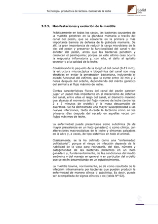 Tecnología productiva de lácteos. Calidad de la leche 
3.2.3. Manifestaciones y evolución de la mastitis 
Prácticamente en todos los casos, las bacterias causantes de la mastitis penetran en la glándula mamaria a través del canal del pezón, que se convierte en la primera y más importante barrera de defensa de la glándula mamaria. De allí, la gran importancia de reducir la carga microbiana de la piel del pezón y preservar la funcionalidad del canal y del esfínter del pezón, antes que las bacterias penetren y colonicen el parénquima; porque en este último caso ocurre la respuesta inflamatoria y, con ella, el daño al epitelio secretor y a la calidad de la leche. 
Considerando lo pequeño de la longitud del canal (8-15 mm), la estructura microscópica y bioquímica del canal son muy efectivas en evitar la penetración bacteriana, incluyendo el estado funcional del esfínter, que lo cierre entre 30 min y 2 horas después del ordeño, dependiendo del mérito genético del animal y el flujo máximo de leche. 
Ciertas características físicas del canal del pezón parecen jugar un papel más importante en el mecanismo de defensa del canal, entre ellas el largo del canal, el diámetro máximo que alcanza al momento del flujo máximo de leche (entre los 2 a 3 minutos de ordeño) y la masa descamable de queratina. Se ha demostrado una mayor susceptibilidad a las nuevas infecciones, tanto durante la lactancia como en los primeros días después del secado en aquellas vacas con flujos máximos de leche. 
La enfermedad puede presentarse como subclínica (la de mayor prevalencia en un hato ganadero) o como clínica, con alteraciones macroscópicas de la leche y síntomas palpables en la ubre y, a veces, de tipo sistémico en todo el animal. 
Clásicamente, se la ha definido como una “enfermedad polifactorial”, porque el riesgo de infección depende de la habilidad de la vaca para rechazarla, del tipo, número y patogenicidad de las bacterias presentes en un hato ganadero y, fundamentalmente, de las condiciones del medio ambiente y del manejo en general y en particular del ordeño que se estén desarrollando en un establecimiento. 
La mastitis bovina, normalmente, se da como resultado de la infección intramamaria por bacterias que pueden producir la enfermedad de manera clínica o subclínica. Es decir, puede ser acompañada de signos clínicos o no (tabla Nº 02). 
 